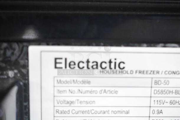 Electactic BD-50 Chest Freezer label shows 115V, 1-phase; model details; ideal for household use.