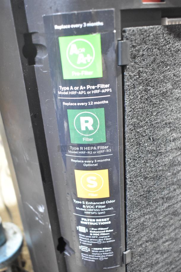 Honeywell HPA3300B air purifier filter compartment details, showing A, R, and S filter types with replacement instructions.