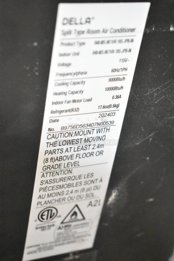 Della Split Type Room Air Conditioner label, 115V, 1 phase, 100,000 BTU. Indoor fan motor load: 0.36A. Uses R32 refrigerant.