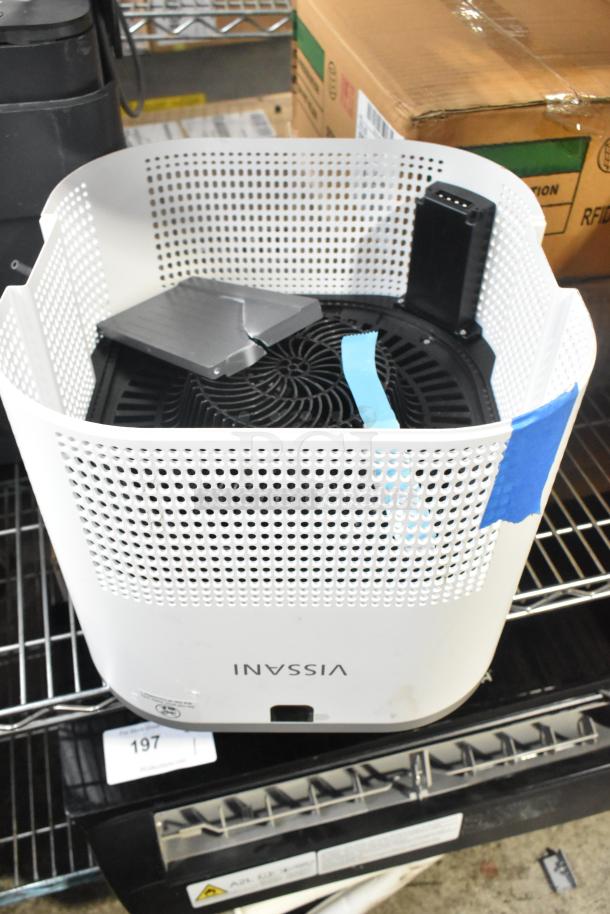 Two various fans, including Midea, with visible components; one branded "Vissani." Condition appears used. Auction lot 197.