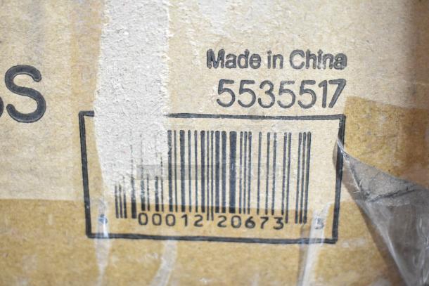 Cardboard packaging of Acopa 5535517 stemless wine glass, labeled "Made in China." Barcode visible. Item is brand new, scratch and dent.