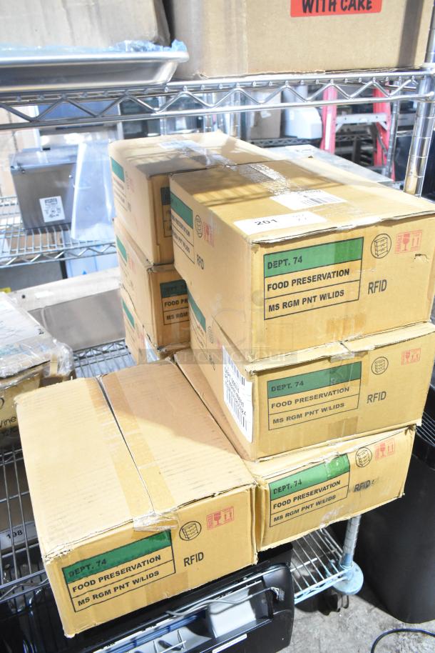Box of 7 new scratch and dent food preservation items, labeled "Dept. 74 MS RGM PNT W/LIDS," RFID tagged.
