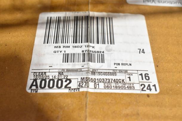 Box with label showing product number 673255924, indicates MS RM 16oz 12pk, quantity 1, potentially new scratch and dent items.