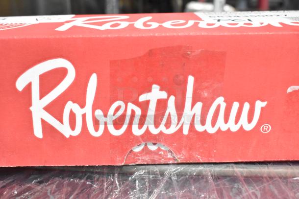 Red box labeled "Robertshaw." Contains Robertshaw 4350-027 gas oven thermostat kit, 250-550°F, 48" capillary. New condition.