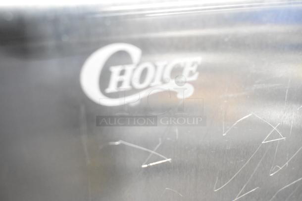 "Choice" logo on scratched metal surface of auction items, including non-stick fry pans and polycotton napkins.