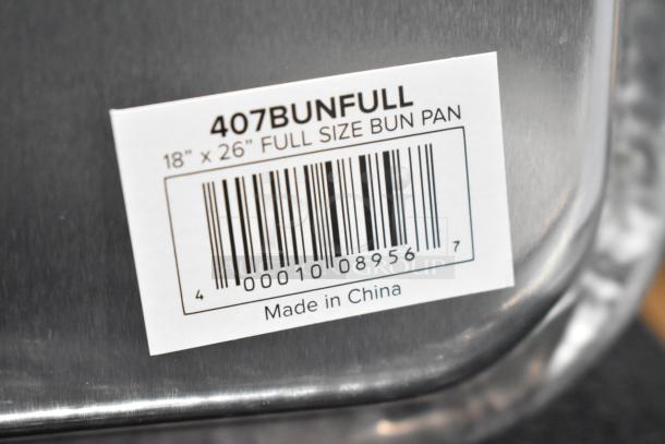 18"x26" full-size bun pan, non-perforated, shown with barcode. Marked "407BUNFULL" and "Made in China."