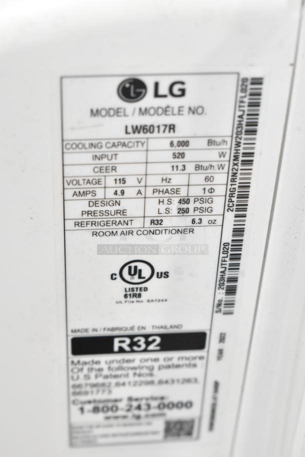 LG LW6017R window air conditioner label, 6,000 BTU, 115V, 4.9A, uses R32 refrigerant. Includes UL certification.
