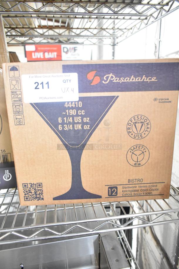 Box of Pasabahce 44410 Bistro Glasses, 12 pieces, new condition, packaging shows 190 cc capacity, for professional use.