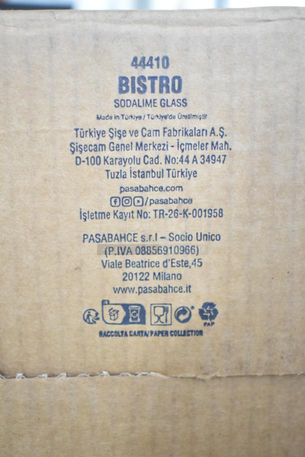 Pasabahce 44410 Bistro sodalime glass packaging, made in Turkey, includes manufacturing and company details.