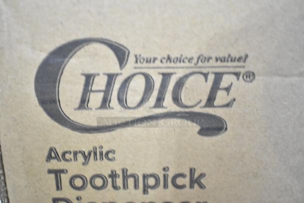 Close-up of a label reading "Choice Acrylic Toothpick Dispenser" on packaging.