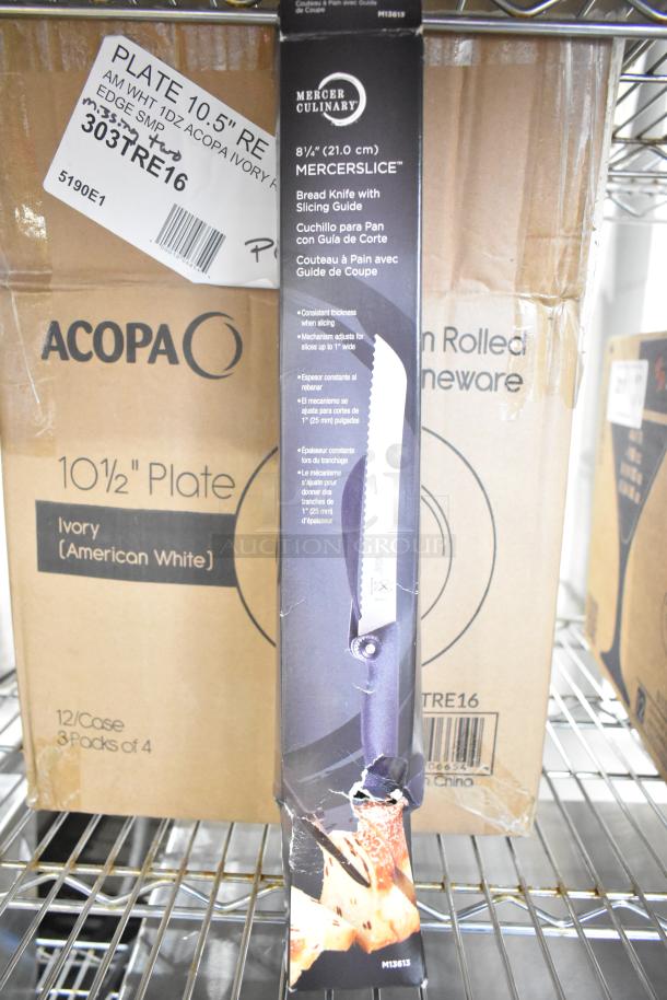 4 brand new scratch and dent items: Pasabahce glasses, acrylic toothpick dispenser, Mercer Culinary knife with slicing guide, Acopa plates.