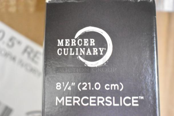 MercerSlice 8 1/4" Serrated Knife box, brand new, with clear branding and dimensions on packaging.