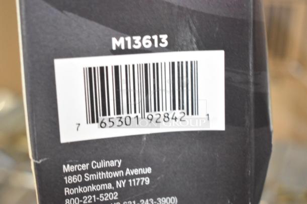 Barcode and label on Mercer Culinary knife box, model M13613. Includes item details and contact information.