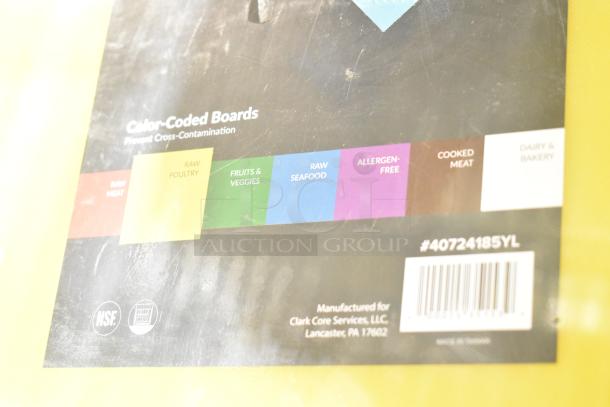 Color-coded cutting board close-up. Features include raw meat, poultry, veggies, seafood, allergen-free sections. Manufactured by Clark Core Services, Lancaster, PA.