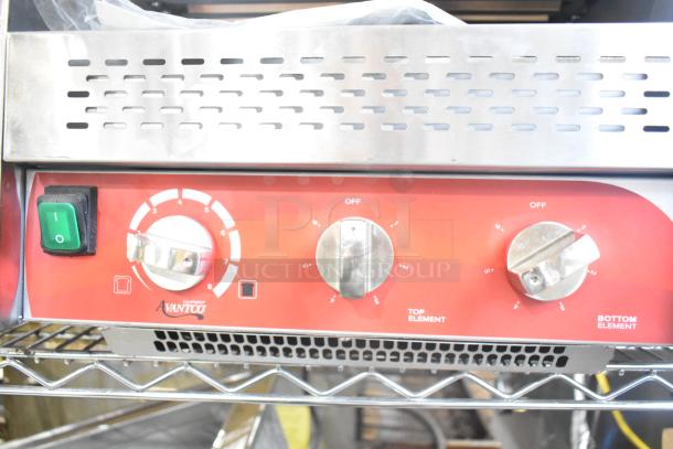 Brand new Avantco 184T3600D commercial conveyor toaster, red control panel, with top and bottom element knobs, 14.5" wide, 3" opening.