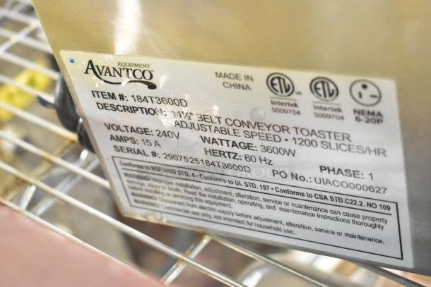 Brand new Avantco conveyor toaster model 184T3600D, 14.5" wide, 3" opening, 1200 slices/hour, 240V, 3600W, scratch and dent.