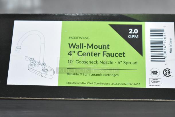 Brand new scratch and dent Vollrath JT2000 Regency wall-mount sink faucet with 6" swivel gooseneck and 4" centers.