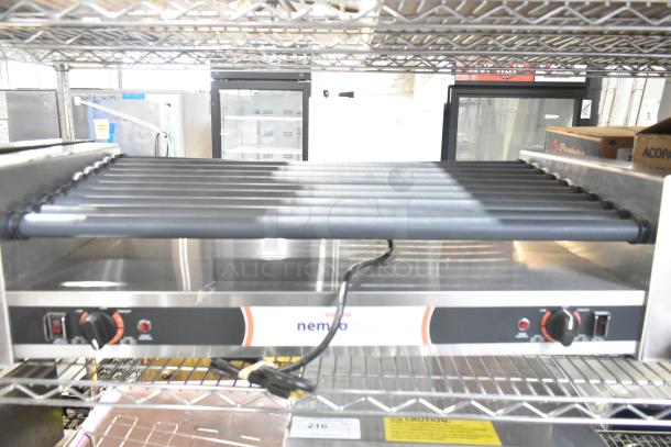 Brand new Nemco 8045SXW-SLT hot dog roller grill, wide slanted, GripsIt non-stick, 45 capacity, 120V, 1 phase.