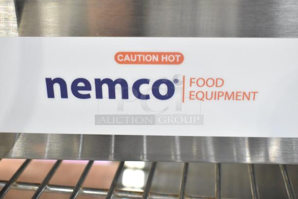 Nemco Food Equipment label on 2025 model 8045SXW-SLT hot dog roller grill, "Caution Hot" warning visible.