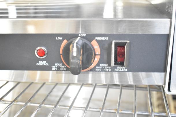 BRAND NEW 2025 Nemco 8045SXW-SLT hot dog roller grill, rear control panel detail, includes GripsIt non-stick coating.