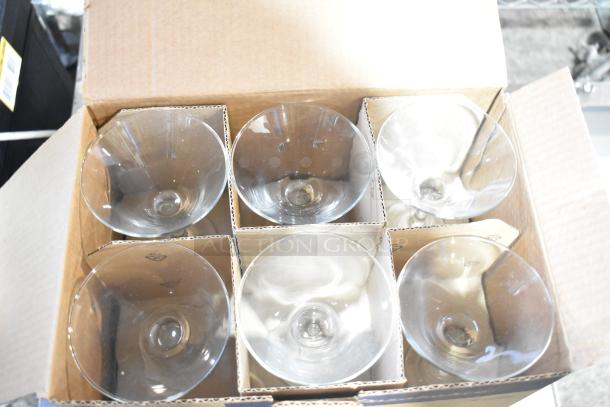 Box of six Pasabahce 44410 Bistro Sodalime Glasses. Brand new, scratch and dent condition. Clear glass, elegant design.