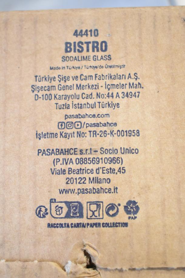Box of Pasabahce 44410 Bistro Sodalime Glasses, brand new with minor scratches, visible manufacturer details printed.
