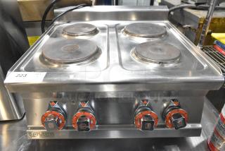 2023 Lotus PCT-66ET commercial electric 4-burner range, stainless steel, 220-240V, countertop model, clean condition.