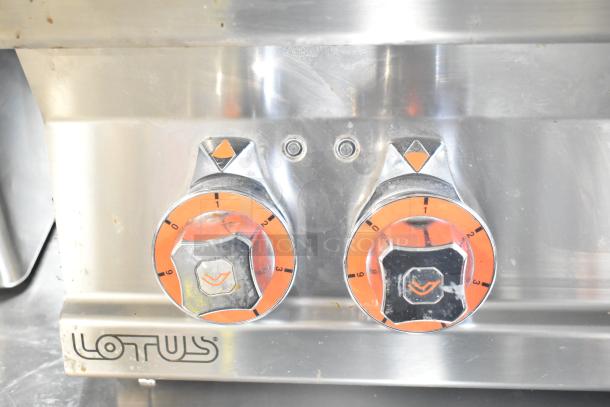 2023 Lotus PCT-66ET 4 burner range control knobs and logo. Electric, commercial countertop model, 220-240V.