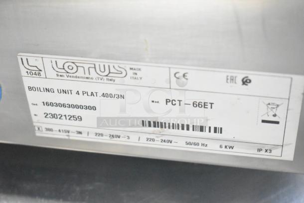 2023 Lotus PCT-66ET 4 burner electric range, commercial countertop model, 220-240V, with serial 23021259. Made in Italy.