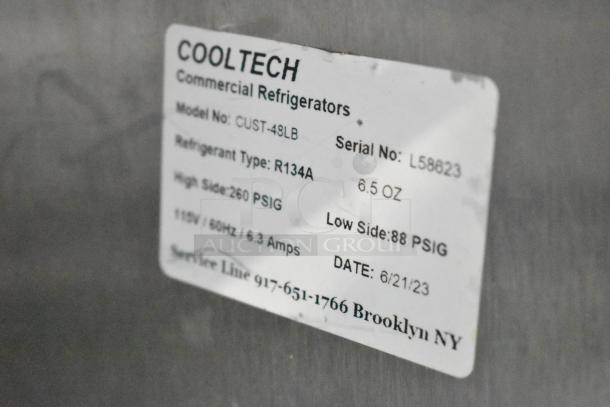 2023 Cooltech CUST-48LB Commercial Chef Base on casters, 115V, 1 Phase. Label shows 260 PSIG, R134A refrigerant, serial L58823.