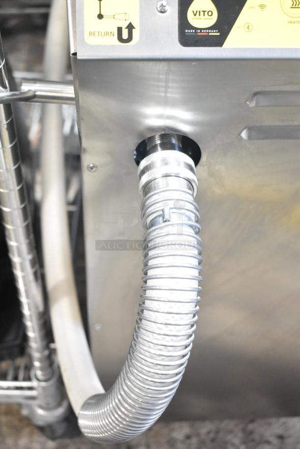 Vito XM Fryfilter 137 lb. Mobile Fryer Oil Filter System with commercial casters, showing hose connection.