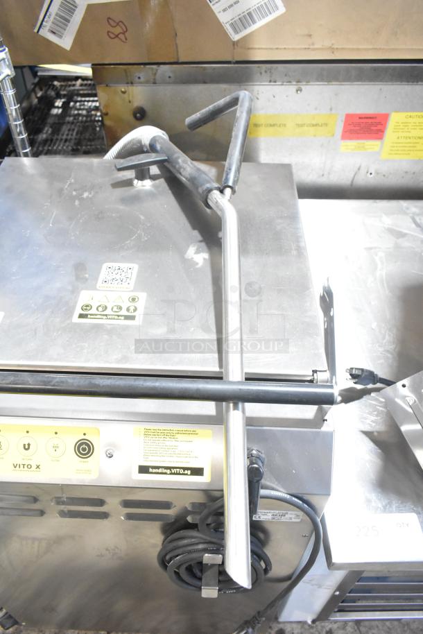 Vito Fryfilter VITO XM mobile fryer oil filter system, stainless steel, commercial casters, 100-120V, 1 phase, QR code visible.