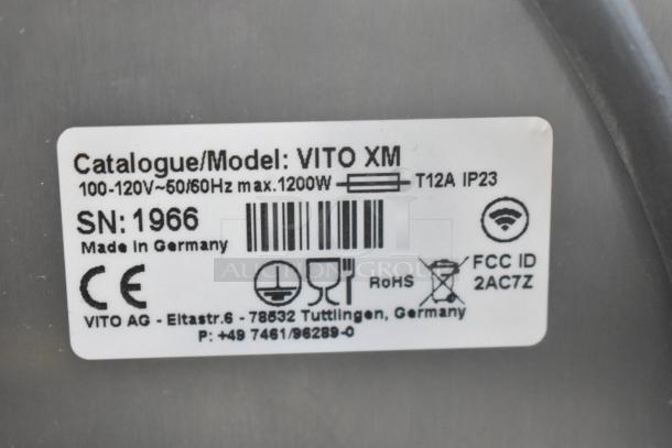 Vito XM Fryer Oil Filter System label, shows model, voltage, wattage, serial number, and manufacturing details. Made in Germany.