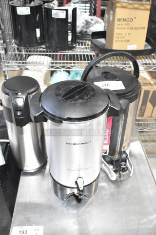 Three items including a Hamilton Beach beverage dispenser, Oggi air pot, and 2023 Bunn SH Server. Excellent condition.