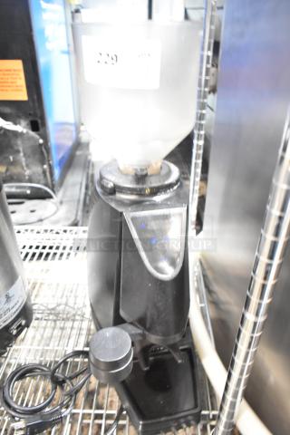 SM Commercial Countertop Espresso Bean Grinder, 115 Volts, 1 Phase. Black unit with clear bean hopper, excellent condition.