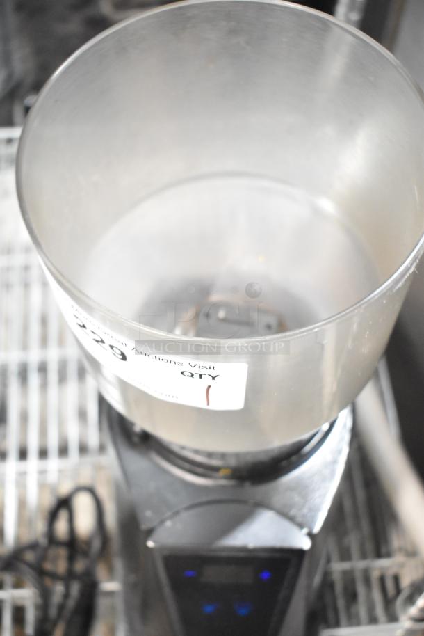 SM Commercial Countertop Espresso Bean Grinder, 115 Volts, 1 Phase. Metal base, visible auction label.