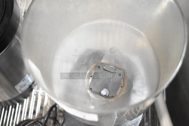 SM Commercial Countertop Espresso Bean Grinder, 115V, 1 Phase, silver finish, visible hopper and grinding mechanism, in good condition.