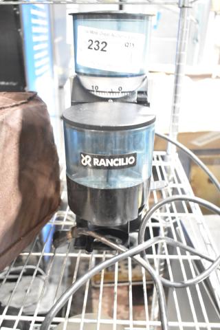 Rancilio Rocky Doser espresso bean grinder, 115 volts, 1 phase, blue chamber, visible label "232", fair condition.