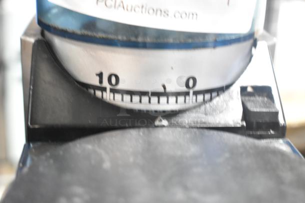 Rancilio Rocky Doser Espresso Grinder, 115V, 1 Phase, detailed grind settings visible, gently used condition.