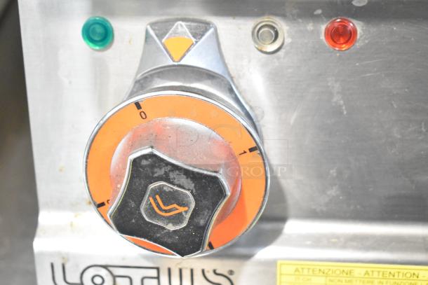 2022 Lotus CPT-66ET commercial electric fryer control panel, stainless steel, with indicator lights and settings knob.