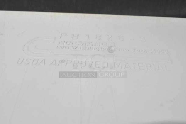 White Poly Dough Bin with "Normandie Port Washington, NY 11050" embossed, USDA approved material, item in good condition.