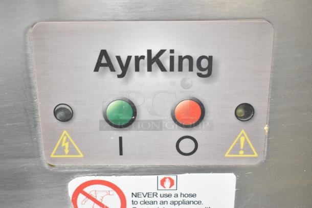 AyrKing BBS-U Commercial Breader/Blender/Sifter control panel with operation buttons, voltage warnings, and cleaning caution label.