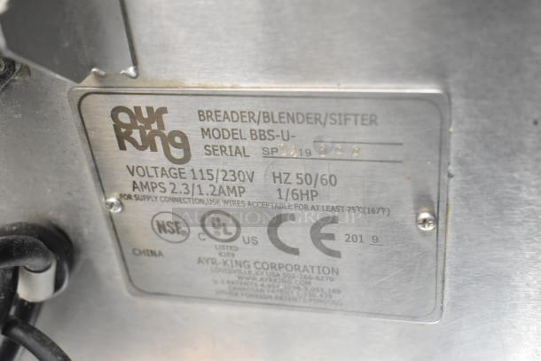 AyrKing BBS-U commercial breader/blender/sifter table label, 115/230V, 1 phase. Serial SP419399, CE, UL, and NSF certified.