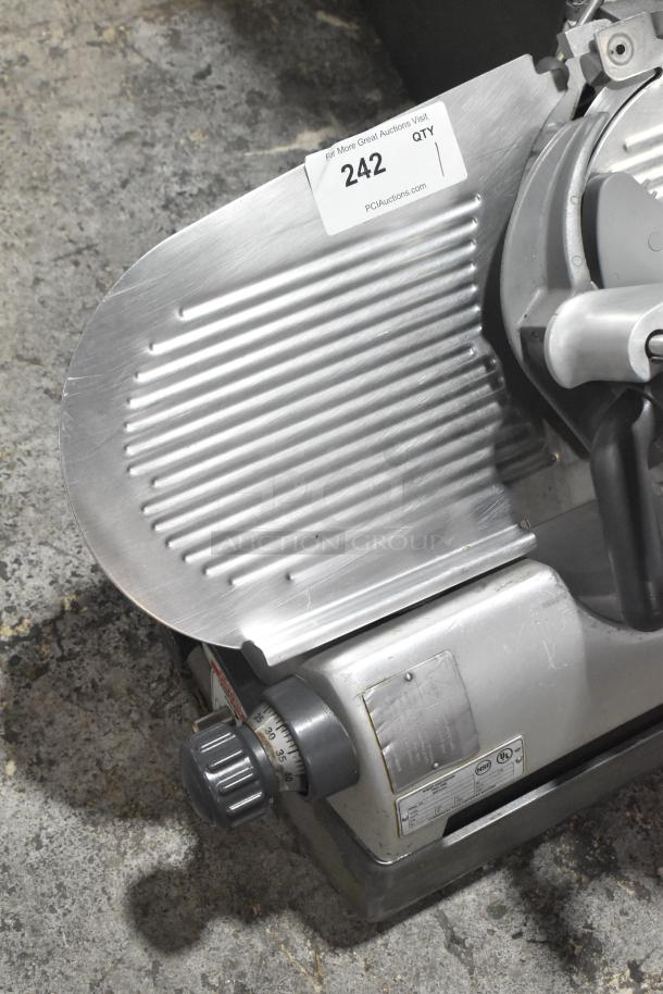 Hobart 2912 Commercial Meat Slicer, 115V, 1 Phase, features adjustable thickness dial, shows wear. Auction tag "242".