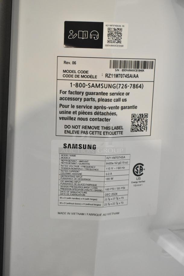 Samsung RZ11M7074SA single door convertible cooler freezer label; 115V, 1 Phase, R-600a refrigerant, Made in Vietnam.