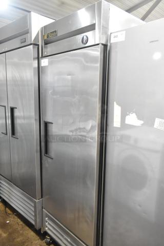 True T-19F Commercial Single Door Reach-In Freezer, stainless steel, on casters, model T-19F, 115V, lightly worn.