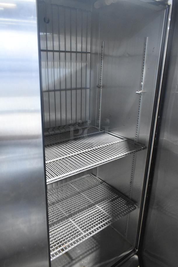 True T-19F commercial single door reach-in freezer, stainless steel, on casters, interior shelving, 115V, 1 phase.