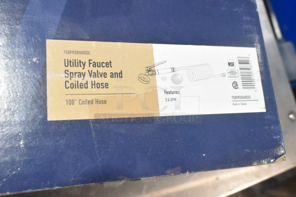 BRAND NEW SCRATCH AND DENT! 750PRSVUHOSE Waterloo pet grooming spray valve with 9' coiled hose, 2.6 GPM, box label visible.
