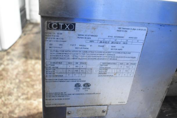 Middleby Marshall CTX DZ33I stainless steel commercial pizza oven label, showing voltage and installation details.