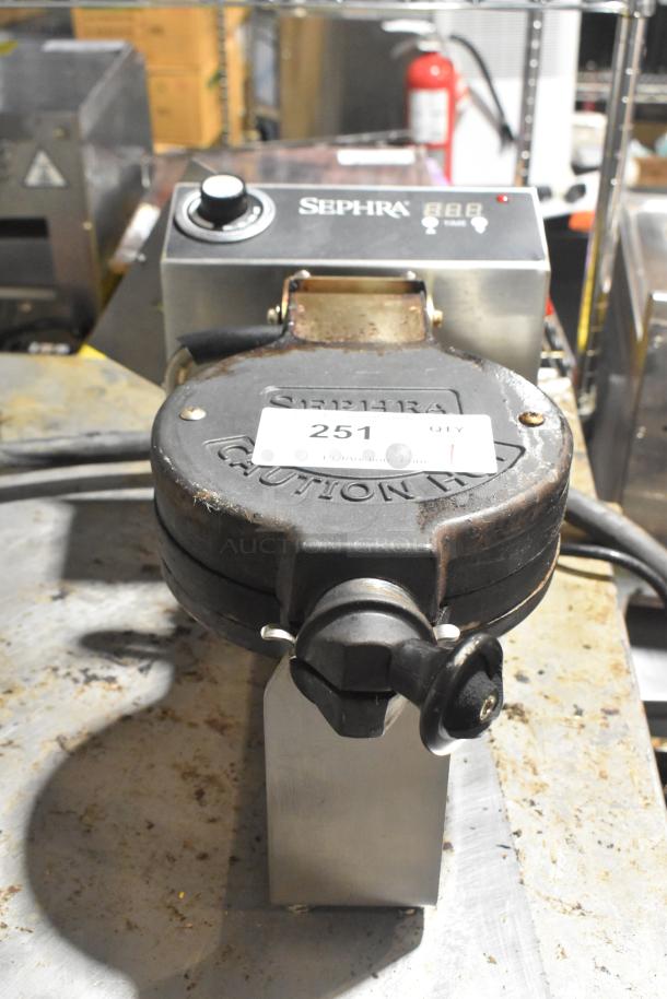 Sephra SEMANWB110V-01 countertop waffle maker, 110-120V, 1 phase, shows wear; includes control dial and warning label.